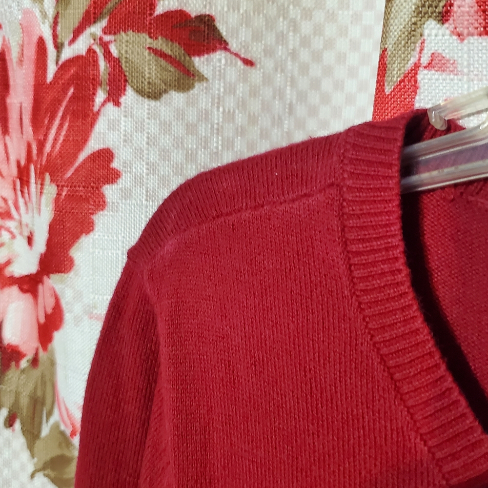 LOFT Deep Red Button-Front Crewneck Cardigan - Picture 5 of 8